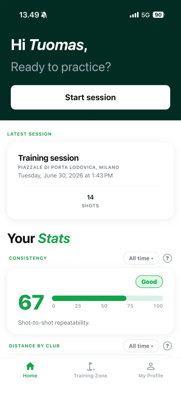 Player profile app screens: stats, shot dispersion, distance by club and shot detail