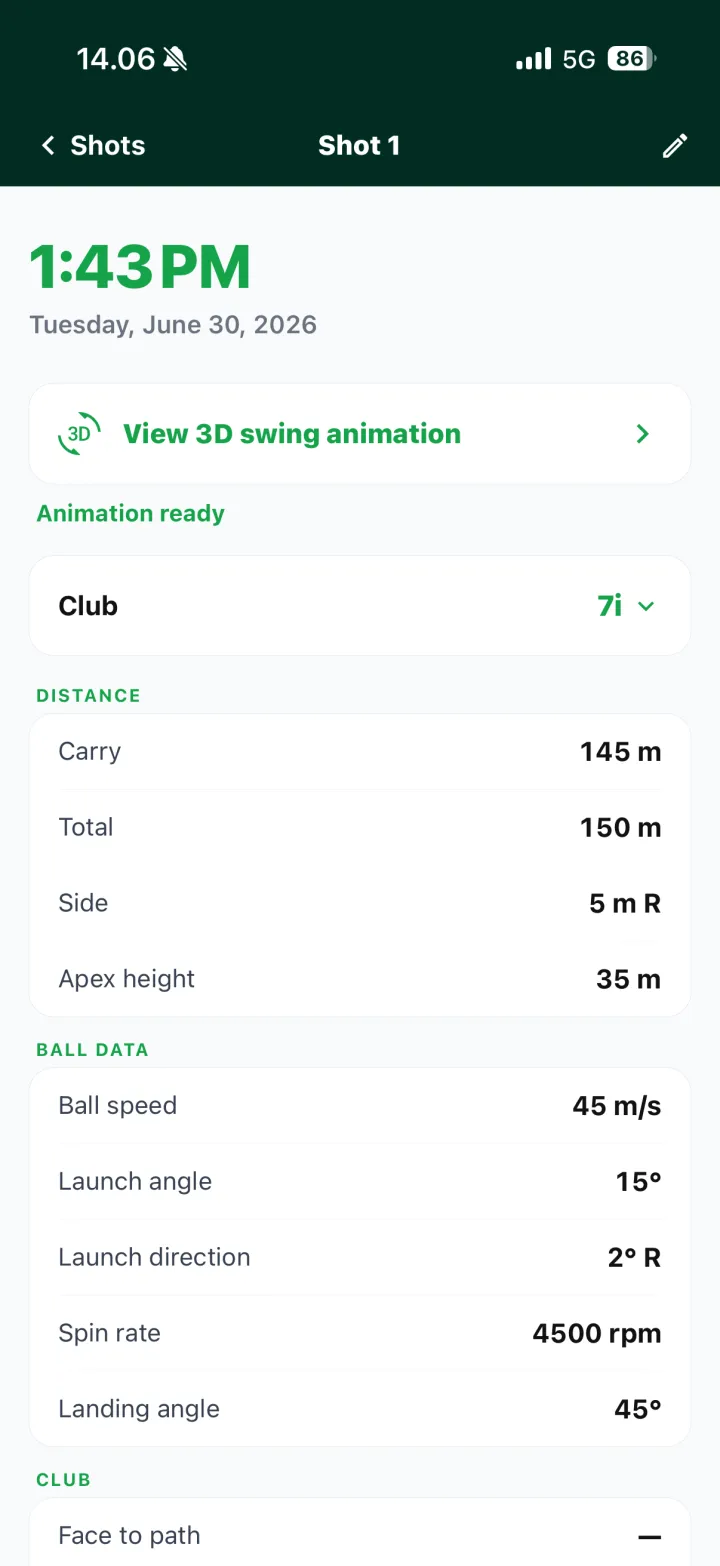 Player profile app screens: stats, shot dispersion, distance by club and shot detail