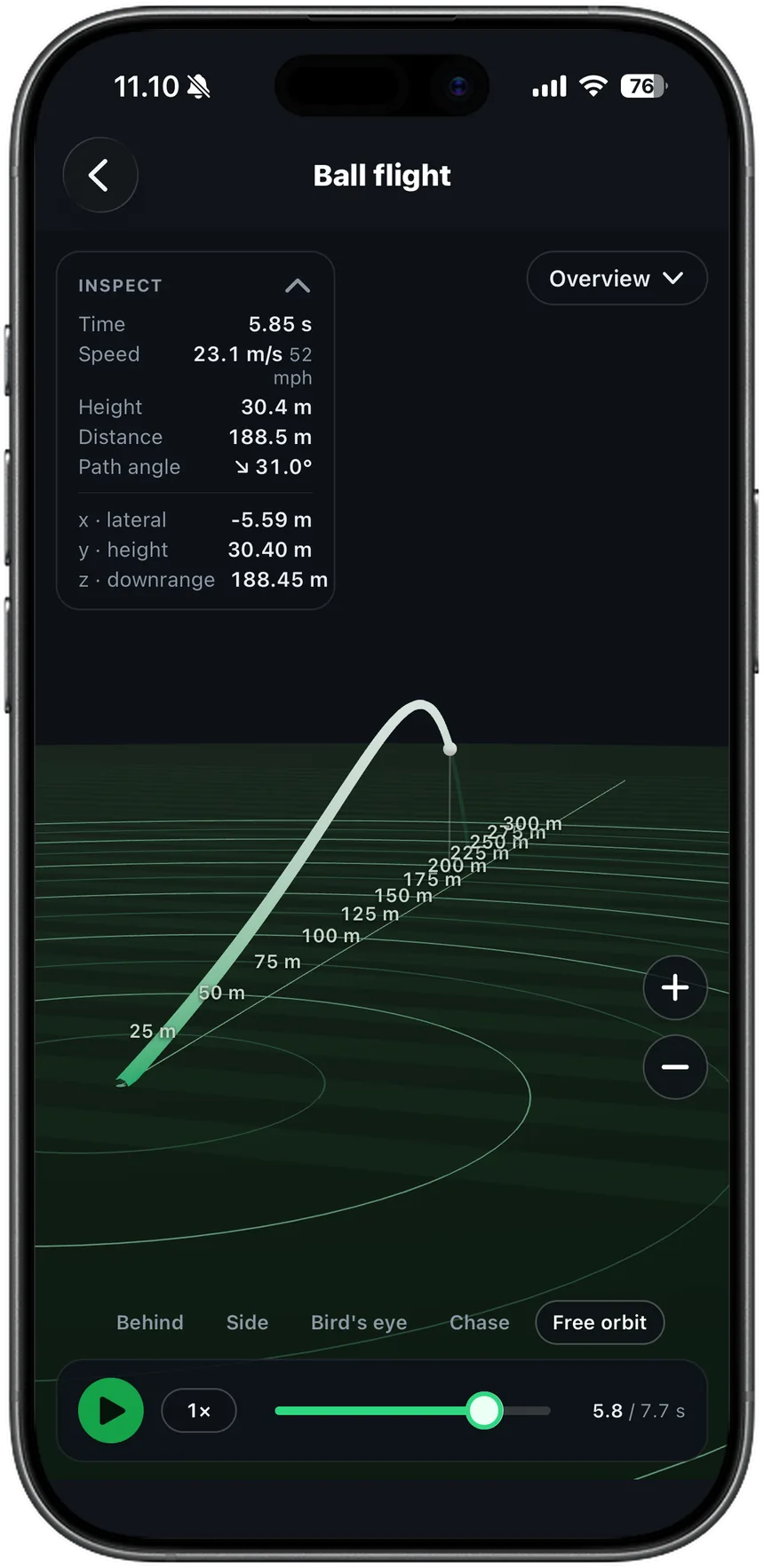 STREIQ ball flight screen showing a shot rendered as a 3D trajectory with distance rings