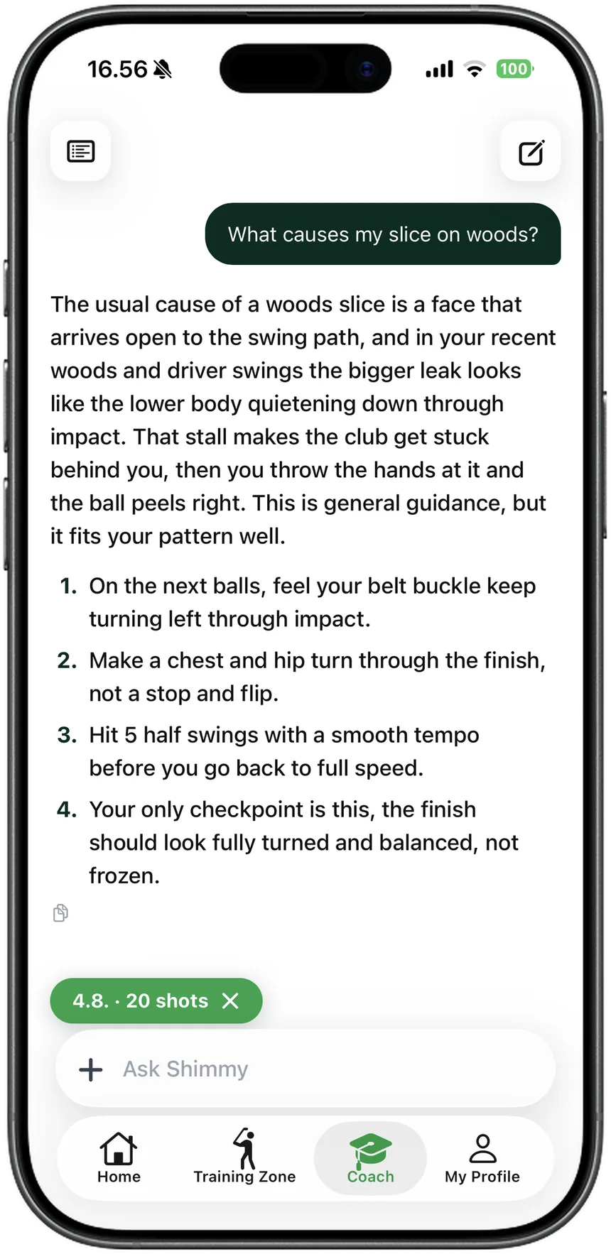 STREIQ AI coach answering a question about what causes a slice with woods