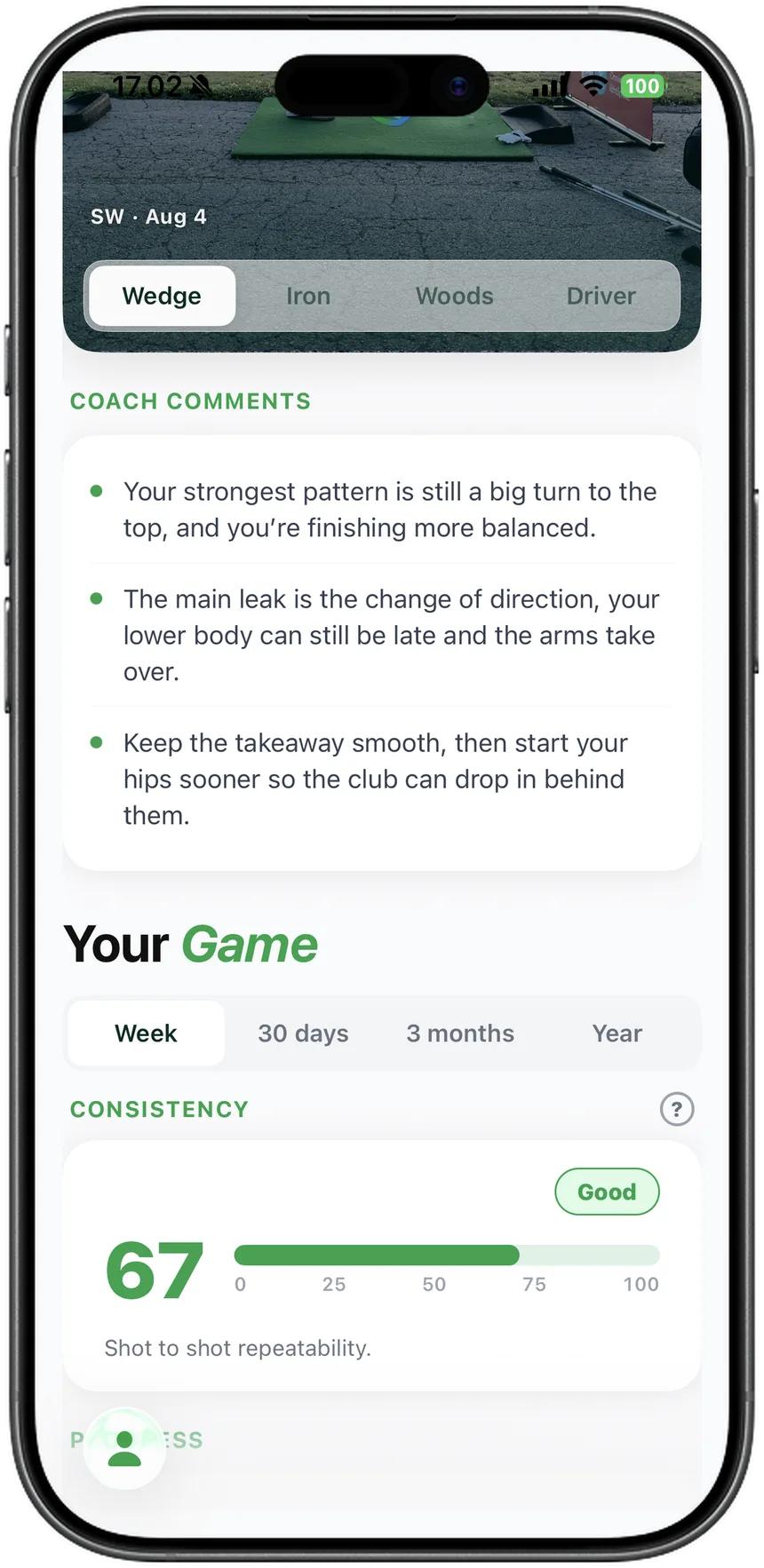 STREIQ coach comments attached to a specific position in the swing