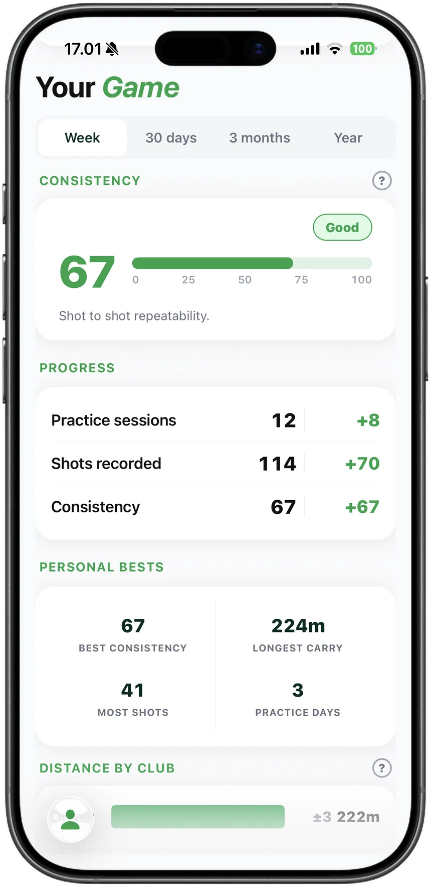 STREIQ progress screen tracking a golfer's game across sessions
