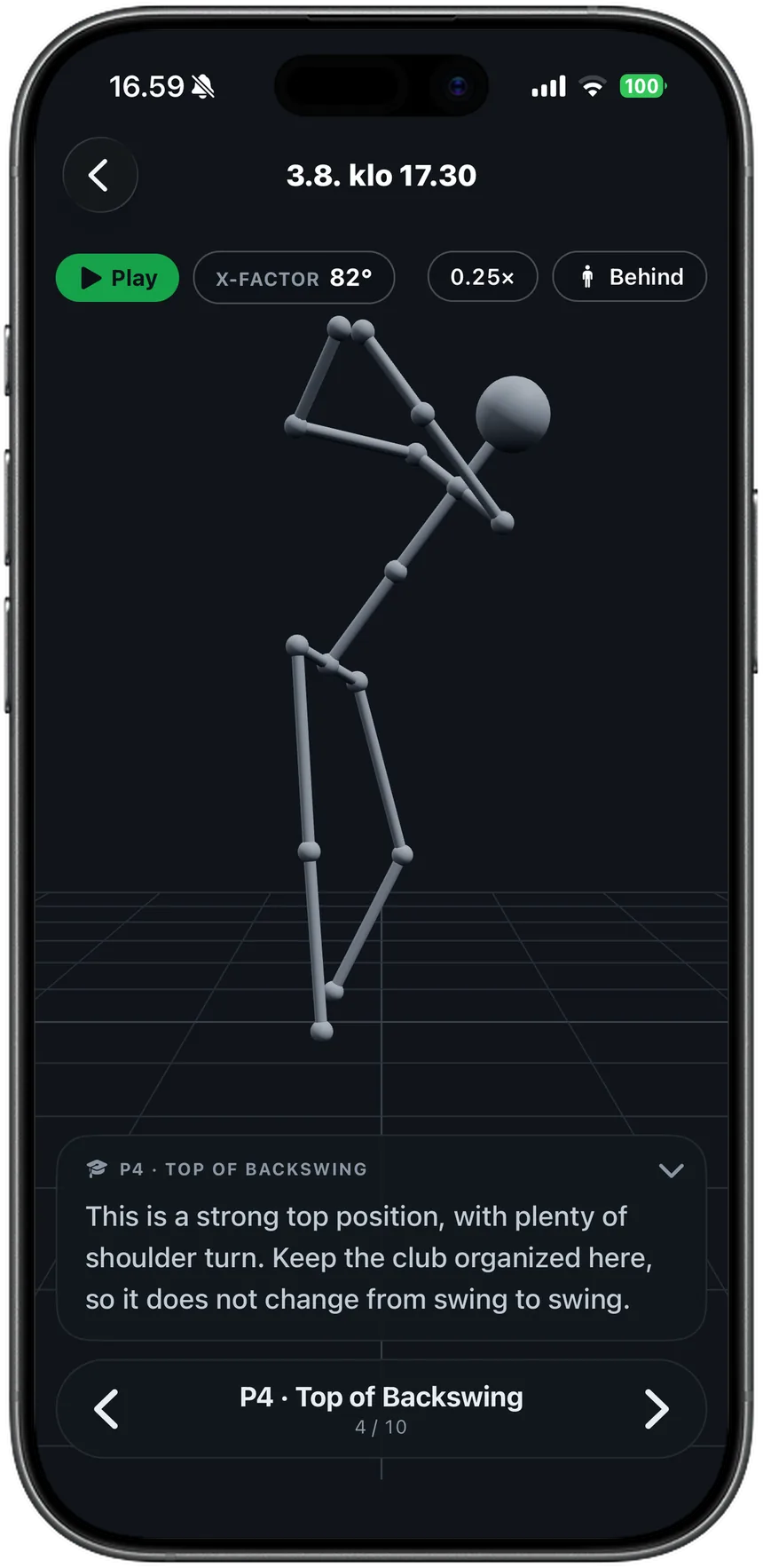 STREIQ swing playback: a golf swing reconstructed as a 3D body model at the top of the backswing